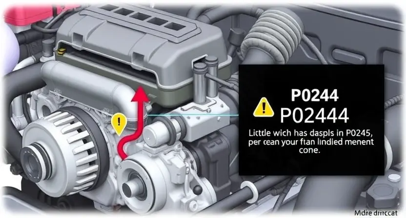 A detailed illustration of a car engine with a diagnostic code P0244 highlighted. The engine should be realistically rendered, showing various components like the crankshaft, camshaft, and sensors. The code P0244 should be clearly displayed on a digital display near the engine, with accompanying text explaining the error.
