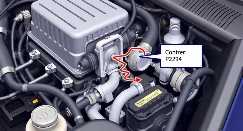 A detailed illustration of a car engine with a focus on the fuel pressure regulator and its control circuit. The image should show the fuel pressure regulator, fuel lines, and electrical connections. Highlight the broken or disconnected part of the control circuit to visually represent the P2294 error code. The scene should be realistic and detailed, emphasizing the technical aspects of the engine components.