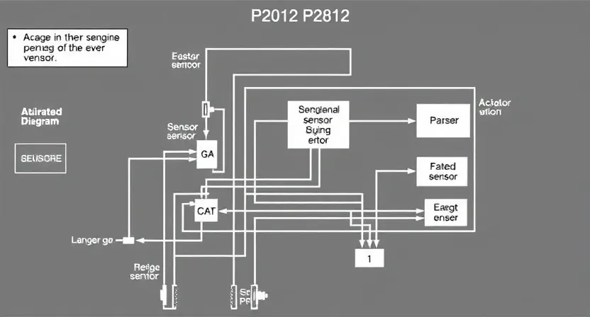 A detailed schematic diagram illustrating the P2812 error code in a vehicle's engine control unit (ECU). The diagram should show the relevant sensors, actuators, and wiring associated with the error. Include visual cues indicating the cause of the error, such as a faulty sensor or a wiring issue.