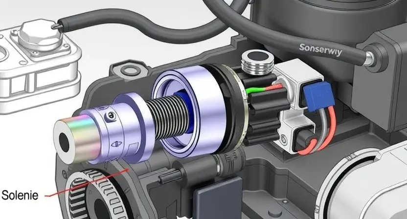 A detailed illustration of a hydraulic clutch pressure modulator solenoid, highlighting its internal components and connections. The image should clearly show the solenoid's housing, coil, plunger, and electrical connections. The background should be a clean, technical environment.