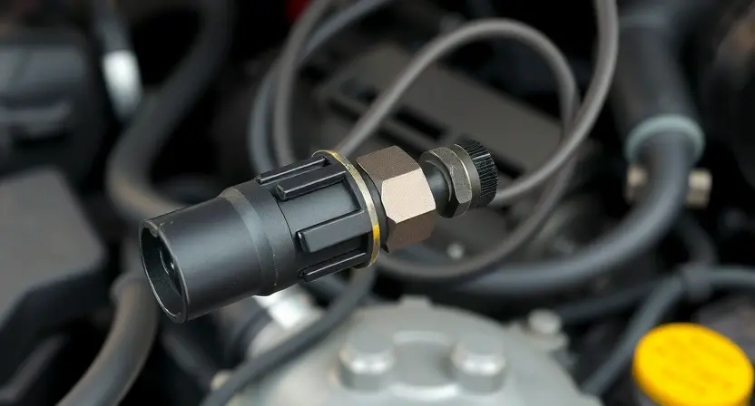 A close-up, detailed illustration of a car's throttle position sensor and its wiring harness. The sensor should be clearly visible, showing its physical components. The wiring should be neatly organized and connected to the sensor. The background should be a slightly blurred view of the engine bay, suggesting a car environment. Focus on the sensor and wiring to highlight the component being discussed in the error description.