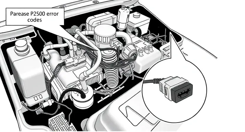 A detailed illustration of a car's electrical system with a focus on the components related to the P2500 error code. Show the wiring, sensors, and connectors involved in the system, highlighting the areas where the error might occur. Include a close-up of the specific component that could be causing the issue, such as a faulty sensor or a damaged wire.
