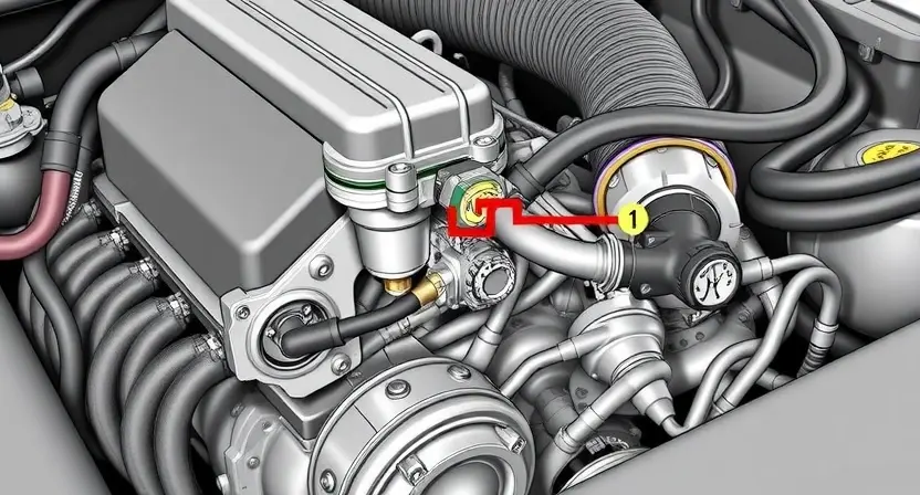 A detailed illustration of a car engine with a focus on the fuel pressure regulator and its control circuit. Show the regulator connected to the fuel rail and highlight the wiring harness leading to the control module. Depict the engine components in a realistic and technical manner, emphasizing the connections and potential points of failure.