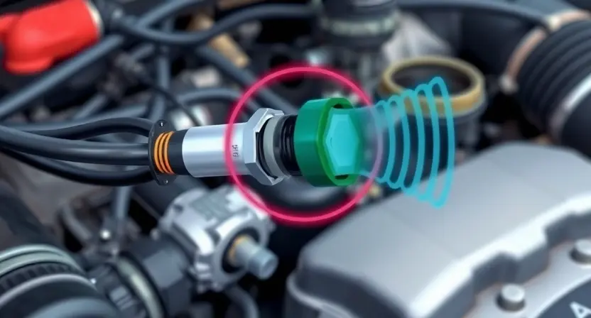 A close-up, detailed illustration of an engine bay with a focus on the Intake Air Temperature (IAT) sensor. The sensor should be clearly visible, along with its wiring harness and connector. Include a visual representation of the airflow around the sensor. The background should show other engine components, but blurred to keep the focus on the IAT sensor. The overall lighting should be bright and clear, highlighting the details of the sensor and its connections. The image should convey a sense o