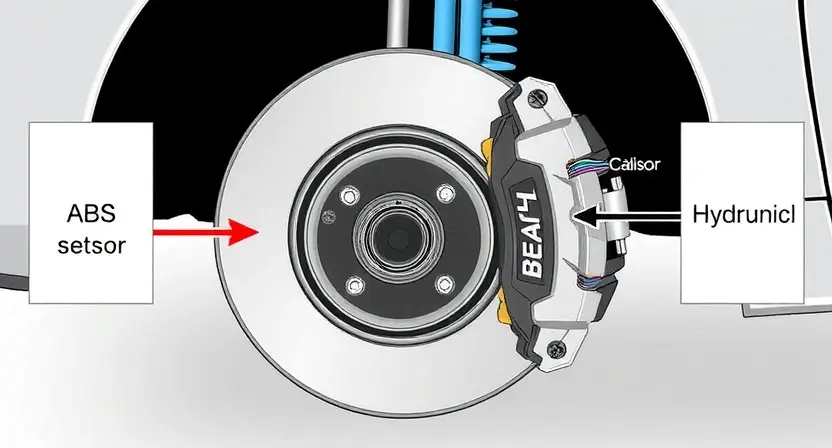 A detailed illustration of a car's braking system, specifically highlighting the ABS (Anti-lock Braking System) components. Show the wheel, brake rotor, caliper, and ABS sensor. Use arrows to indicate the flow of hydraulic fluid and electrical signals within the system. The image should emphasize the interconnectedness of these parts and how they work together to prevent wheel lockup. Focus on a clean, technical representation.