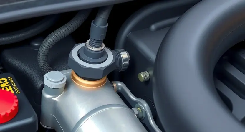 A close-up, detailed illustration of a car engine bay, focusing on the coolant temperature sensor and its wiring. The sensor should be clearly visible, along with the surrounding hoses and components. The image should convey a sense of technical precision and diagnostic inspection. The background should be slightly blurred to emphasize the sensor area. Use realistic lighting and textures to depict the metallic and rubber components.