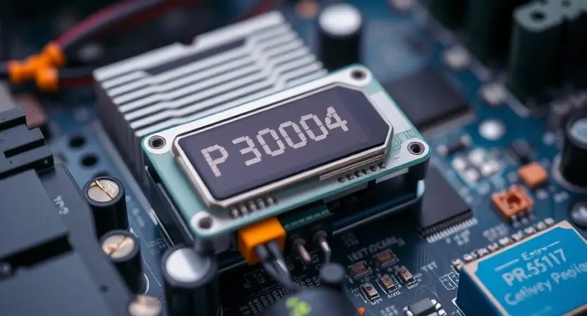 A close-up, detailed illustration of a computer motherboard with a highlighted error code P3004 displayed on a small LCD screen connected to the motherboard. Focus on the electronic components and the error message. The background should be blurred, suggesting a technical environment.
