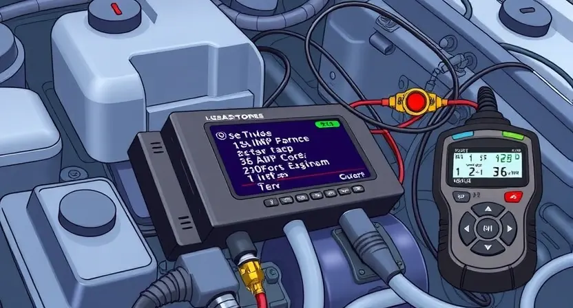 A detailed illustration of a car's engine control unit (ECU) with various diagnostic tools connected. Focus on the ECU's display showing error codes, and surrounding components like sensors and wiring.