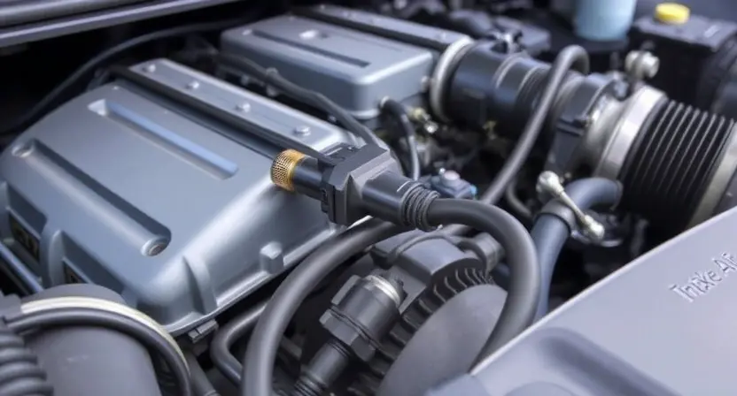 A close-up, detailed illustration of an engine bay with a focus on the Intake Air (IA) sensor. The sensor should be clearly visible, along with associated hoses and wiring. The overall scene should convey a sense of automotive mechanics and diagnostics. The engine should appear clean and well-maintained. The background should be slightly blurred to emphasize the sensor.
