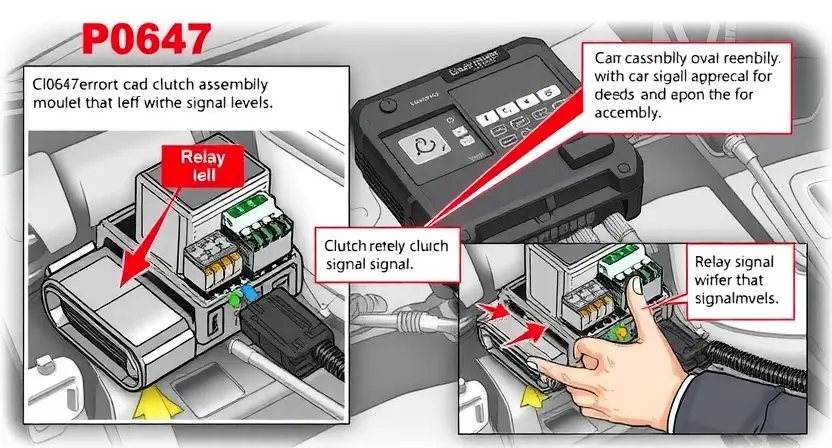 A detailed illustration of a car's relay module and clutch assembly, highlighting the P0647 error code related to relay signal levels. Include visual representations of the relay, wiring harness, and diagnostic tools. Focus on clarity and technical accuracy.
