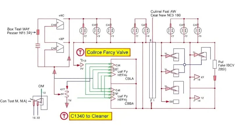 A detailed schematic diagram of an electromagnetic valve circuit, highlighting the C1340 error. Include components like coils, relays, and wiring. Focus on clarity and technical accuracy.