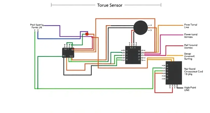 A detailed schematic diagram of a car's steering torque sensor circuit. The diagram should clearly show the sensor, wiring, and connection to the car's control unit. Use color-coding to differentiate between power, ground, and signal lines. Include labels for each component and connection point. The background should be clean and white, emphasizing the technical details of the circuit.