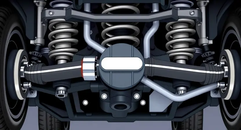 A close-up, detailed illustration of a car's suspension system, specifically highlighting the longitudinal acceleration sensor. The sensor should be clearly visible, with surrounding components like springs, dampers, and control arms in focus. The overall aesthetic should be clean and technical, emphasizing precision and functionality. The color palette should be realistic, reflecting the metallic and rubber components of the car's undercarriage. Focus on the sensor's physical form and its conne
