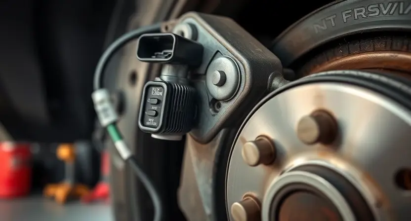 A close-up of a car's wheel speed sensor (ABS sensor) mounted near the brake rotor, with visible wiring and connector, set in a garage environment with tools and diagnostic equipment in the background, soft natural lighting, realistic automotive repair scene