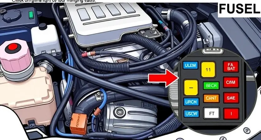 A detailed illustration of an automotive engine bay, focusing on the area where a check engine light is illuminated. Include various engine components, wiring harnesses, and a close-up of a fuse box with a highlighted fuse. The overall scene should convey a sense of technical inspection and potential malfunction.