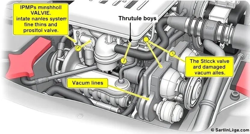 A detailed illustration of an IMRC (Intake Manifold Recirculation Valve) system in a car engine. The image should clearly show the valve, its connections to the intake manifold and throttle body, and the vacuum lines. Highlight the potential areas of mechanical failure, such as a stuck valve or damaged vacuum hose. Focus on the mechanical components and their arrangement within the engine bay.