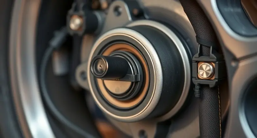 A close-up, detailed image of a car's wheel hub assembly. Focus on the wheel speed sensor and its wiring connection. The sensor should be clearly visible, and the wiring should be neatly routed. The background should be blurred, suggesting the interior of a car. The lighting should be bright and even, highlighting the components. The image should convey a sense of technical inspection and repair.