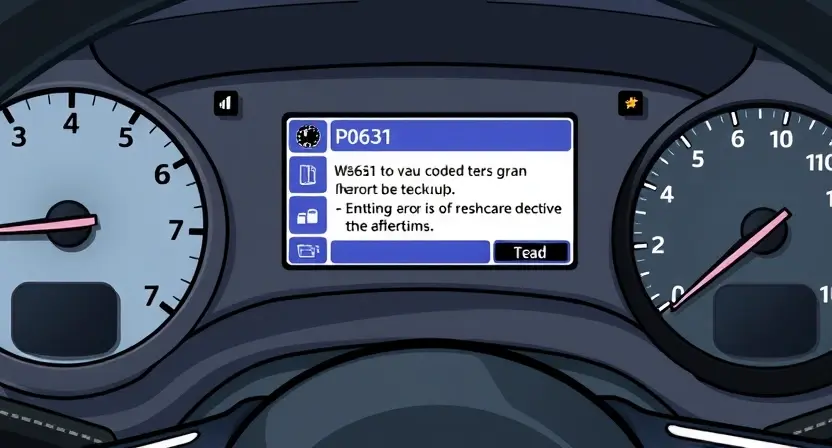 A detailed illustration of a car's dashboard with a diagnostic screen displaying a P0631 error code. The screen should show the code, a brief explanation, and potential causes. The dashboard should be realistically rendered, showing various gauges and controls. Focus on clarity and technical accuracy.