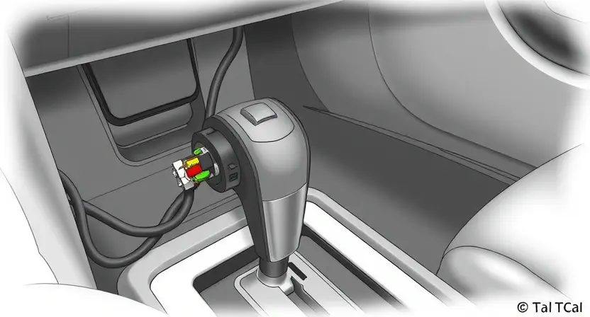 A detailed illustration of a car's transmission system, focusing on the electrical connector for the gear shift lever. The image should show the connector, wiring, and surrounding components clearly. The background should be a slightly blurred view of the car's interior.