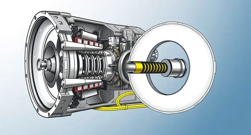 A detailed illustration of a transmission system with a close-up view of the friction element E. The illustration should highlight the internal components and the friction element's role in the transmission process. Focus on technical accuracy and clarity.