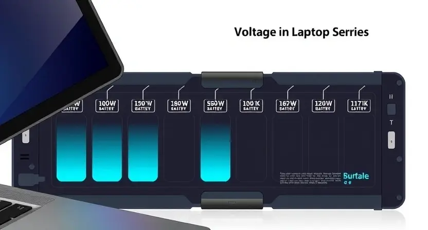 A detailed illustration of a laptop battery with a visual representation of cell imbalance. Show individual battery cells, some with higher and some with lower voltage levels, connected in series. Use color gradients to indicate voltage differences. Include a subtle warning symbol near the battery. Focus on the internal structure of the battery.