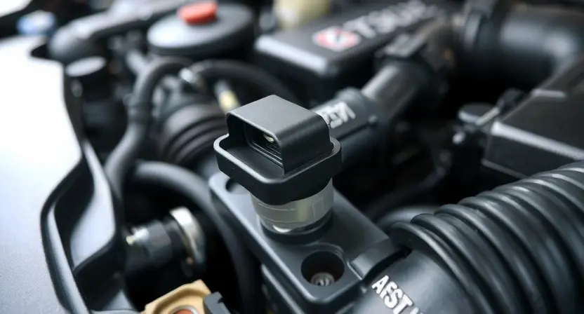 A close-up shot of a car's engine bay, focusing on the mass airflow sensor. The sensor should be clearly visible, with surrounding engine components slightly blurred. The overall lighting should be bright and clean, highlighting the sensor's details.