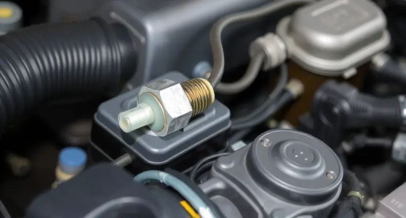A close-up, detailed image of a car engine bay. Focus on the coolant temperature sensor and its wiring harness. Show the sensor itself, the wires connecting to it, and the surrounding engine components. The image should clearly illustrate the location of the sensor and the condition of its wiring.