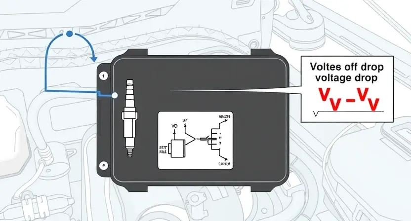 A detailed illustration of an engine control unit (ECU) with a highlighted fuel injector circuit. The circuit shows a diagram of the injector, wiring, and sensors. A visual representation of a voltage drop is depicted, possibly with a waveform or a color gradient indicating the decrease. The background should be a clean, technical environment.