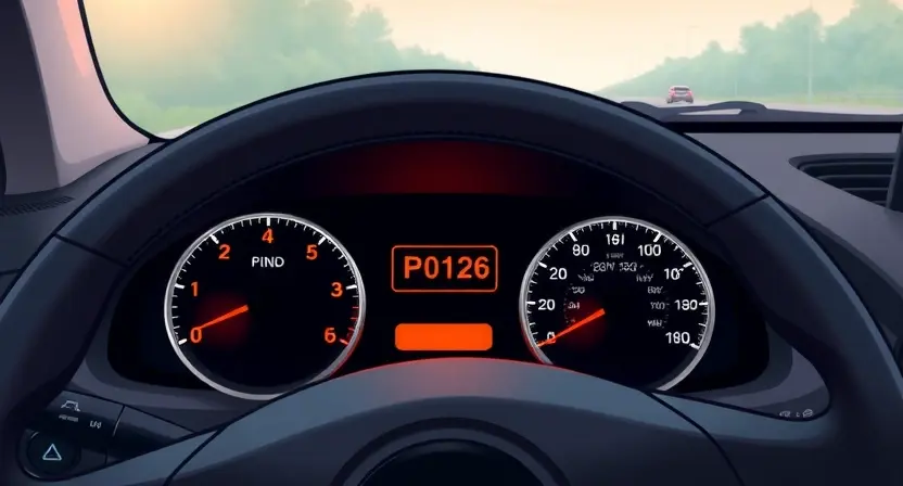 A detailed illustration of a car dashboard with the check engine light illuminated, indicating a P0126 error code. The dashboard should show various gauges and indicators, with a focus on the temperature gauge showing a lower than normal reading. The car should be depicted in a typical driving scenario, such as on a highway or city street, to emphasize the real-world context of the error.