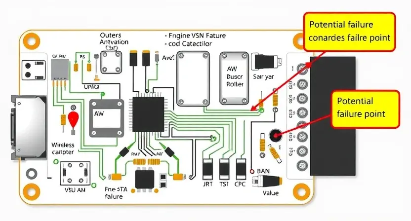 A detailed schematic diagram of a wireless antenna circuit board, highlighting potential failure points. Include visual representations of components like antennas, capacitors, resistors, and connectors. The circuit should be clearly labeled with component names and values. Focus on a clean, technical illustration style.