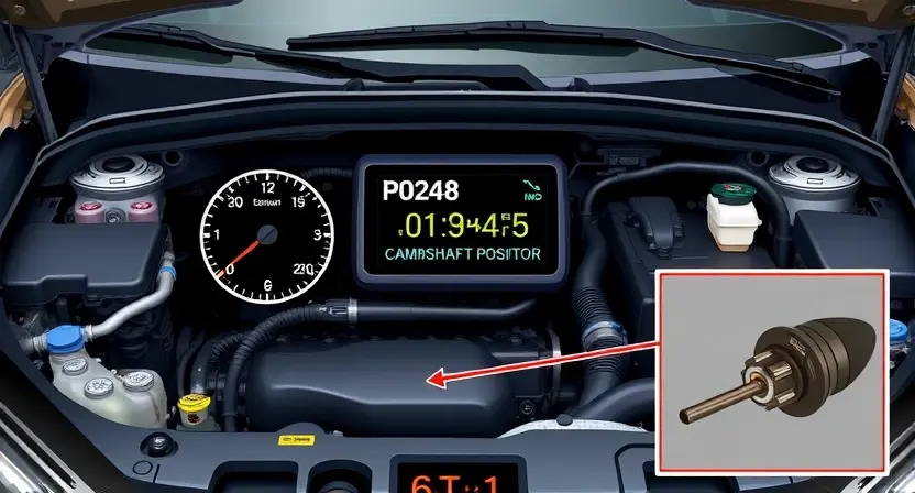 A detailed illustration of a car's engine bay, highlighting the P0248 error code indicator light. The image should show the diagnostic trouble code (DTC) clearly displayed on the dashboard, along with visual representations of potential causes like a misaligned or worn-out camshaft position sensor. Focus on technical accuracy and clarity.