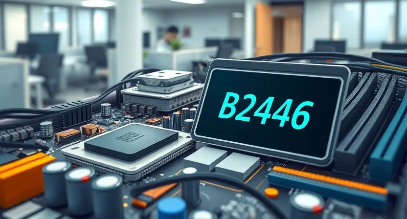 A detailed illustration depicting a computer motherboard with a highlighted B24A6 error code. The motherboard should show various components like CPU, RAM, and capacitors. The error code should be clearly visible on a small screen or label near the motherboard. The background should be a slightly blurred office environment to suggest a technical setting.