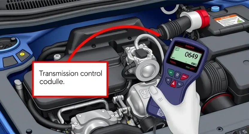A detailed illustration of a car's engine bay with a diagnostic tool connected to the car's computer. Focus on the area where the P0649 error code might be related to, such as the transmission control module or related sensors. The image should convey a sense of technical inspection and problem-solving.