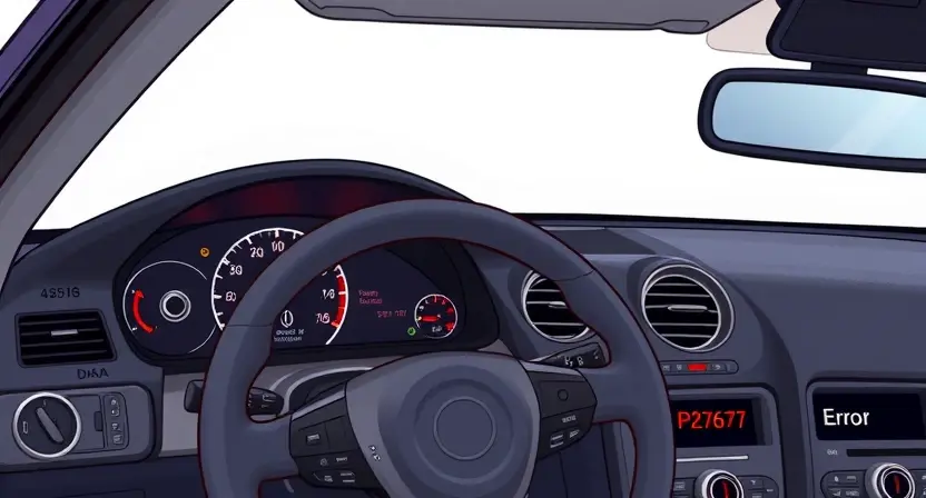 A detailed illustration of a car dashboard displaying an error message 'P2767'. The dashboard should show various gauges and indicators, with the error message highlighted in red. The car's interior should be realistically depicted, showing the steering wheel, seats, and other components. Focus on clarity and technical accuracy.