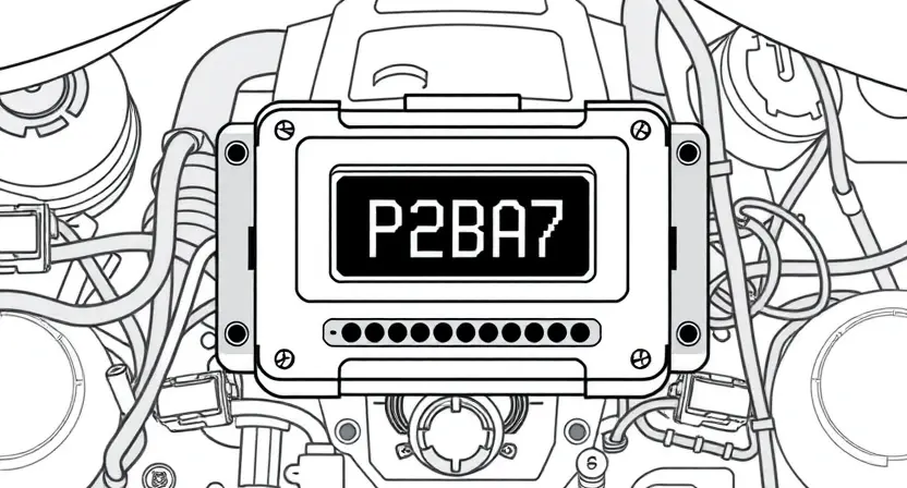 A detailed illustration of an engine control unit (ECU) with a prominent display showing the error code P2BA7. The ECU should be surrounded by visual elements representing engine components like pistons, valves, and sensors. Include a subtle background depicting a car engine bay.