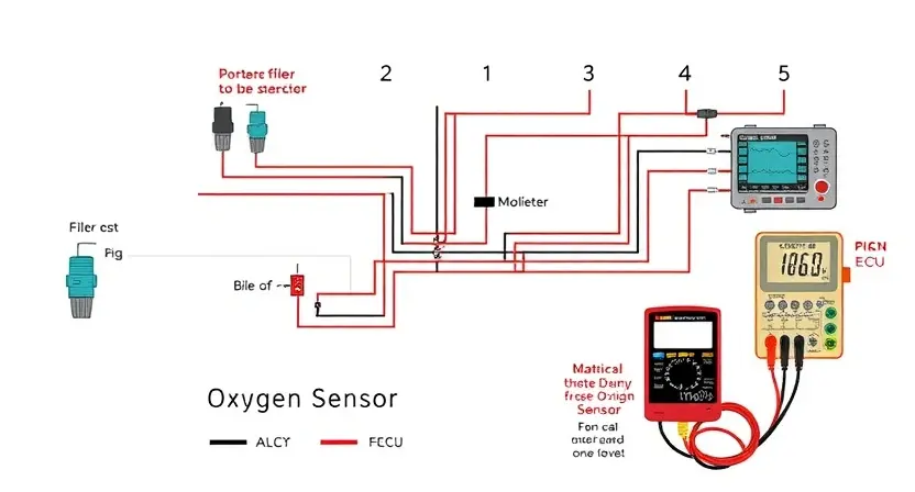 A detailed schematic diagram of an automotive engine control system, highlighting the oxygen sensor and its connection to the ECU. Include visual representations of the sensor, wiring, and diagnostic tools like a multimeter and oscilloscope. The diagram should be clean, well-labeled, and illustrate the sensor's function in detecting oxygen levels.