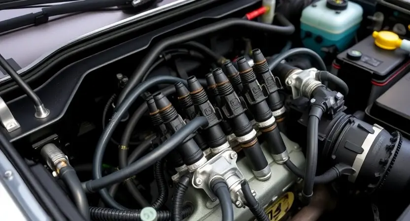 A detailed engine bay view of a car, specifically highlighting the engine and fuel injectors. The injectors should be clearly visible, with a focus on their placement and connection to the engine. The engine should be well-lit, showcasing its components.