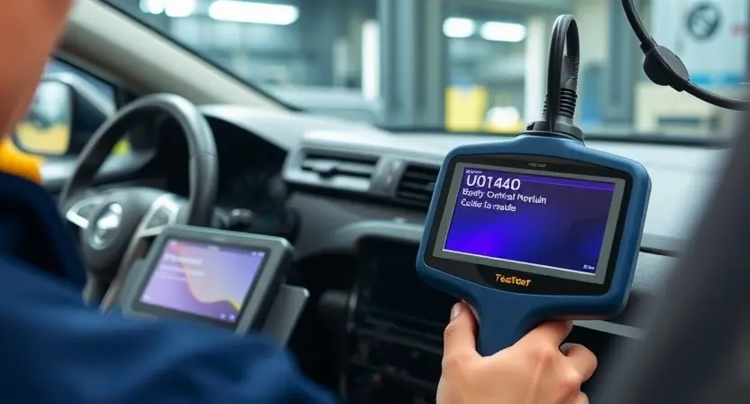 A professional automotive diagnostic scene showing a technician using a scan tool to troubleshoot a U0140 communication error between the vehicle's Body Control Module and other control modules, with clear error code U0140 displayed on the device screen, clean workshop background, technical accuracy, no text or letters on the image