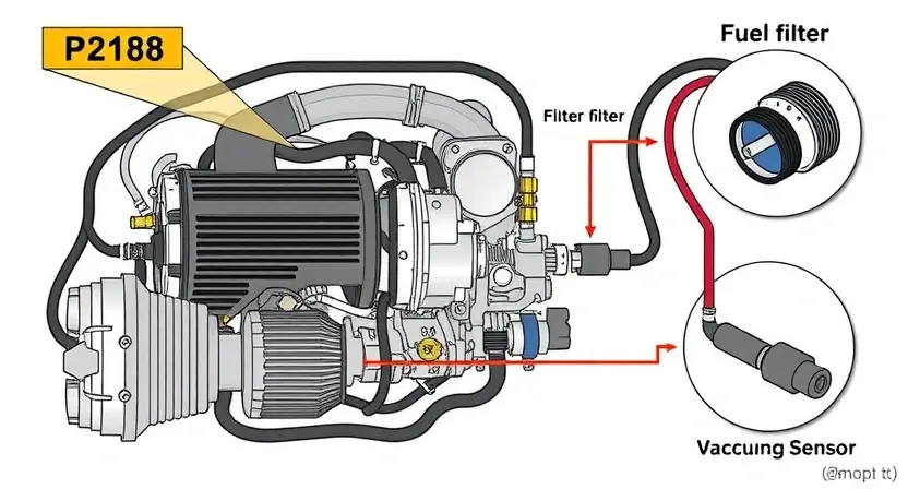 A detailed illustration of a car engine's fuel and air intake system. Focus on the components related to the P2188 error code, such as the mass airflow sensor, fuel injectors, and vacuum lines. Show a visual representation of potential malfunctions like a clogged filter or a faulty sensor. The image should be clean and informative, highlighting the interconnectedness of the system.