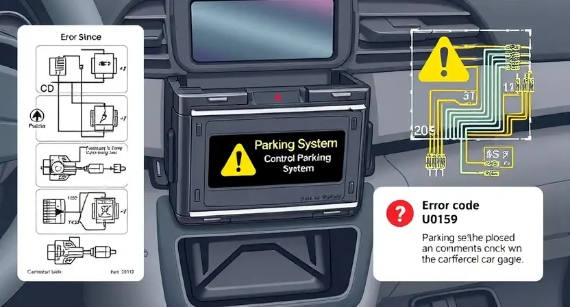 A high-quality technical illustration showing a car's parking system control module with a warning sign indicating loss of communication, surrounded by schematic wiring diagrams and error code U0159 displayed prominently, clean lines, detailed components, professional automotive repair context