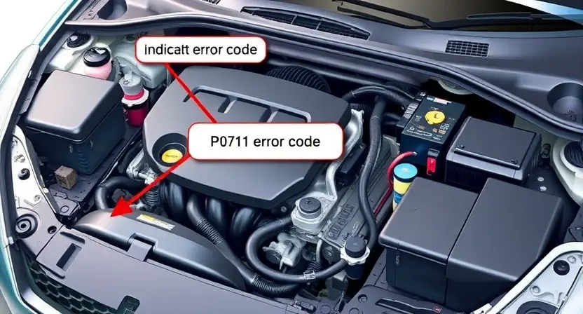 A detailed illustration of a car's engine bay with various components clearly visible, focusing on the P0711 error code indicator. The engine should be well-lit, showcasing the intricate details of the system.