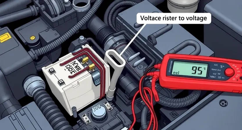 A detailed illustration of a car's main relay with visible electrical connections, highlighting the voltage issue. The relay should be partially disassembled to show internal components, with a multimeter measuring the voltage. The background should include a car engine compartment with other electrical components visible.