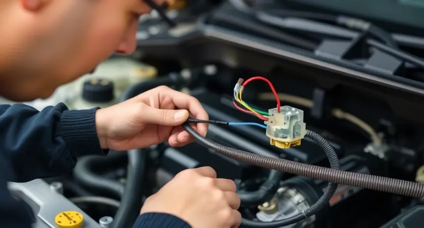 A close-up image depicting a mechanic inspecting wiring and electrical connectors in a car engine bay. Focus on the wires and connectors, highlighting their condition. The background should show a blurred engine compartment.