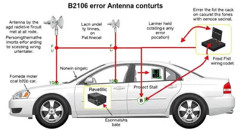 A detailed illustration of a car's antenna circuit, highlighting the B2106 error code and potential points of failure. Include visual representations of the antenna, wiring, and electronic components. Focus on clarity and technical accuracy.