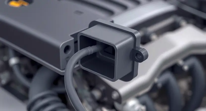 A close-up, detailed illustration of an engine control unit (ECU) with a highlighted sensor wire. The wire should appear slightly frayed or damaged, indicating a potential issue. The background should be a blurred view of an engine bay, suggesting a car's internal components. Focus on the connection point between the wire and the ECU.