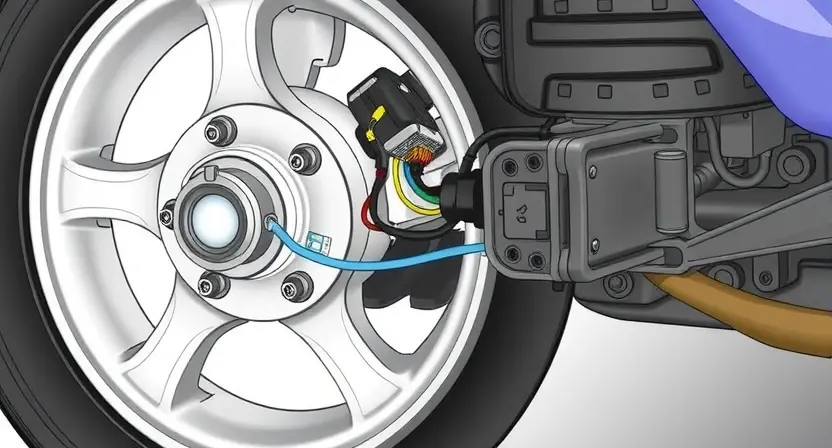 A detailed illustration of a car's front left wheel hub assembly, highlighting the speed sensor and its wiring. The image should show a clean, well-lit view of the sensor and its connection to the vehicle's chassis. Focus on the sensor's physical appearance and its position relative to the wheel.