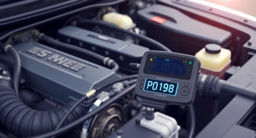 A detailed illustration of a car's engine bay with a diagnostic code reader displaying 'P0198'. Focus on the engine components, wiring, and the code reader. The background should be slightly blurred to emphasize the engine.