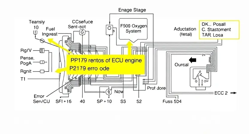 A detailed schematic diagram of an engine control unit (ECU) with highlighted components related to the P2179 error code. The diagram should show connections between sensors, actuators, and the ECU. Include visual representations of relevant engine systems like the fuel system and oxygen sensors. Focus on clarity and technical accuracy.
