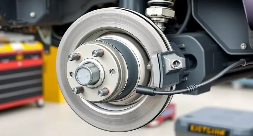 A detailed illustration of a car's front right wheel hub assembly. The image should clearly show the position of the speed sensor, its wiring harness, and the surrounding components like the brake rotor and suspension parts. Focus on the sensor's physical appearance and its connection to the vehicle's electrical system. The background should be a slightly blurred automotive workshop environment.