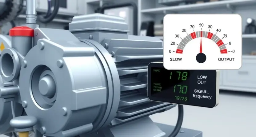 A detailed illustration of a motor with a signal meter displaying a low output frequency signal. The motor should be realistically rendered, showing its components clearly. The signal meter should have a clear visual representation of a low signal level. The background should be a clean, technical environment.